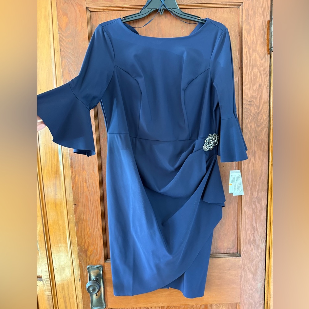 Alex Evenings Navy Dress with Brooch Detail